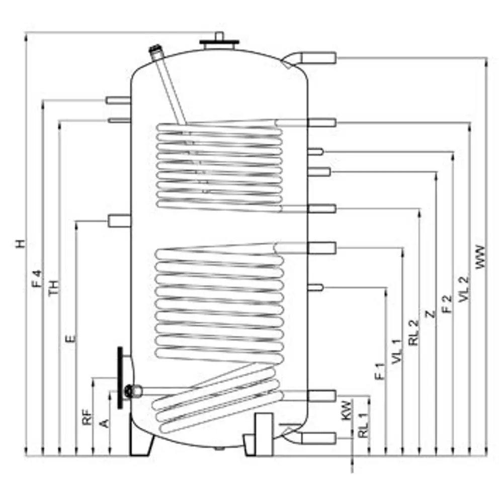 TWL Pufferspeicher mit zwei Wärmetauschern, dargestellt in einem technischen Diagramm. Alle Anschlüsse und Maße sind deutlich skizziert.